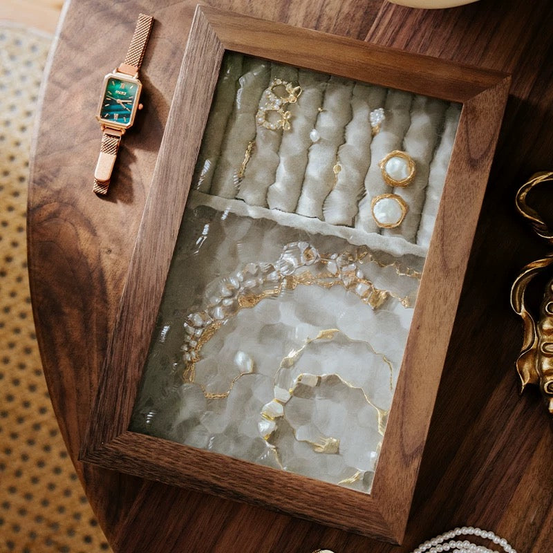 Elowen Solid Wood Jewelry Box with Textured Glass Lid