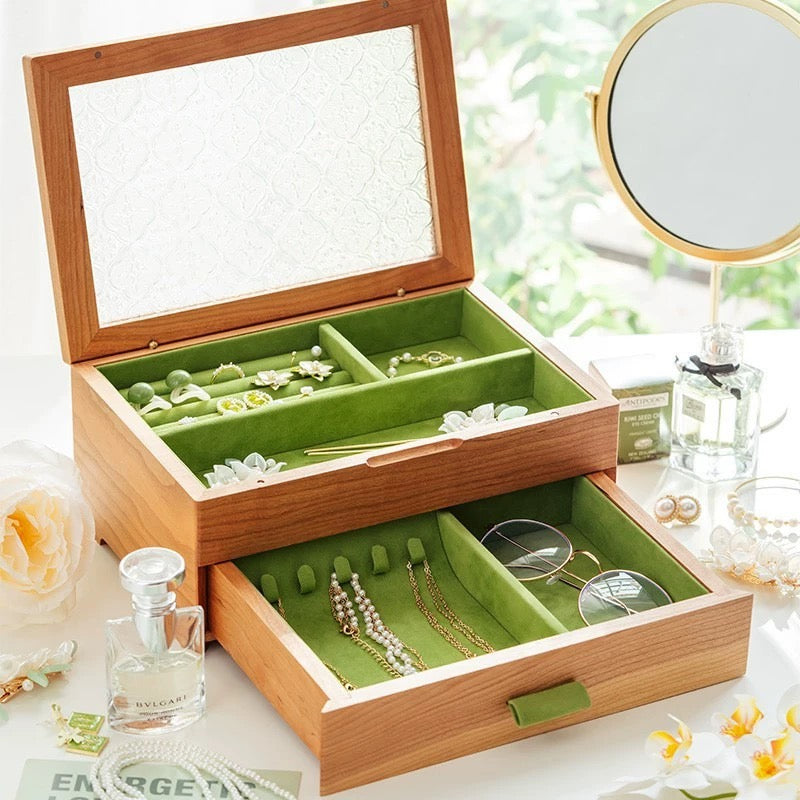 Elowen Solid Wood Jewelry Box with Textured Glass Lid