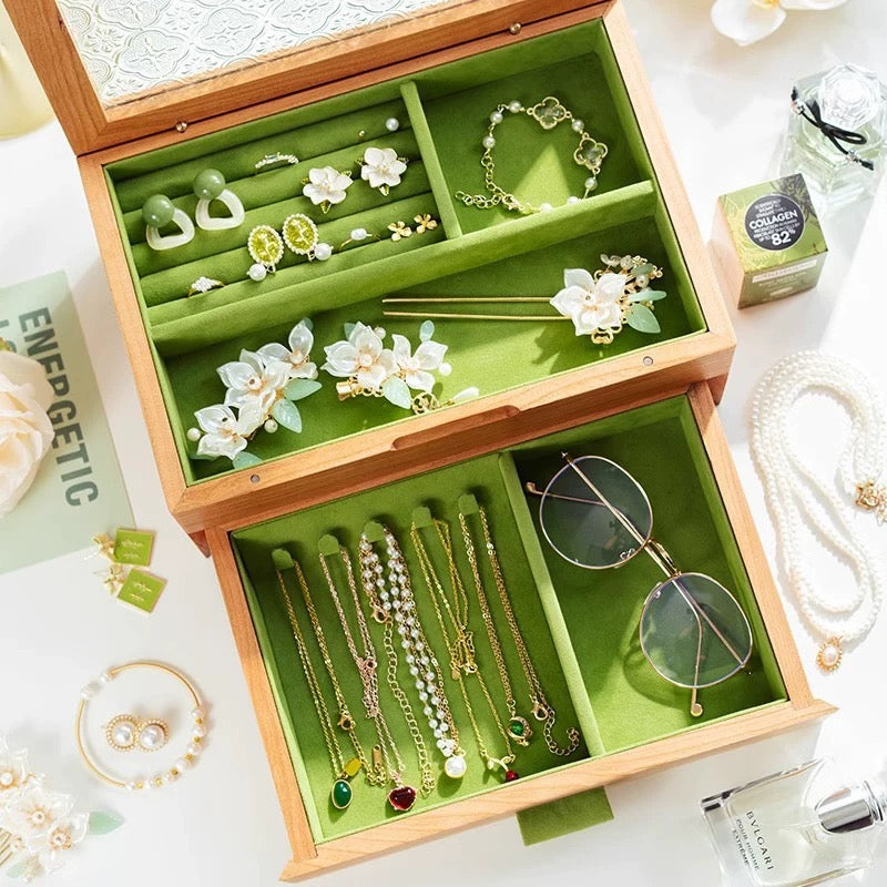 Elowen Solid Wood Jewelry Box with Textured Glass Lid