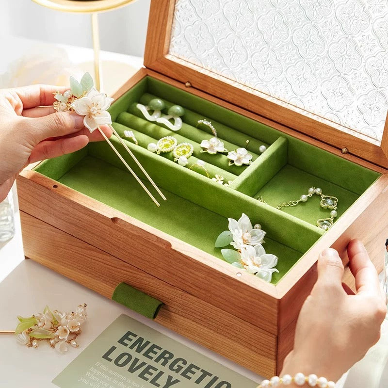 Elowen Solid Wood Jewelry Box with Textured Glass Lid