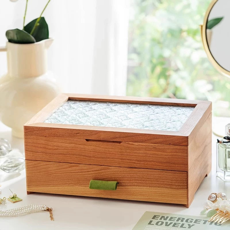 Elowen Solid Wood Jewelry Box with Textured Glass Lid