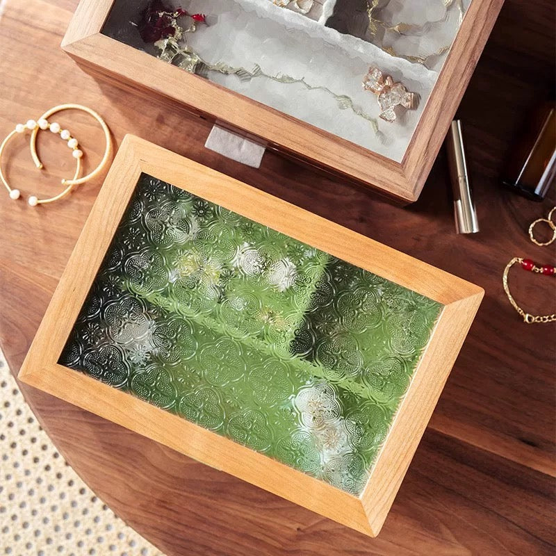 Elowen Solid Wood Jewelry Box with Textured Glass Lid