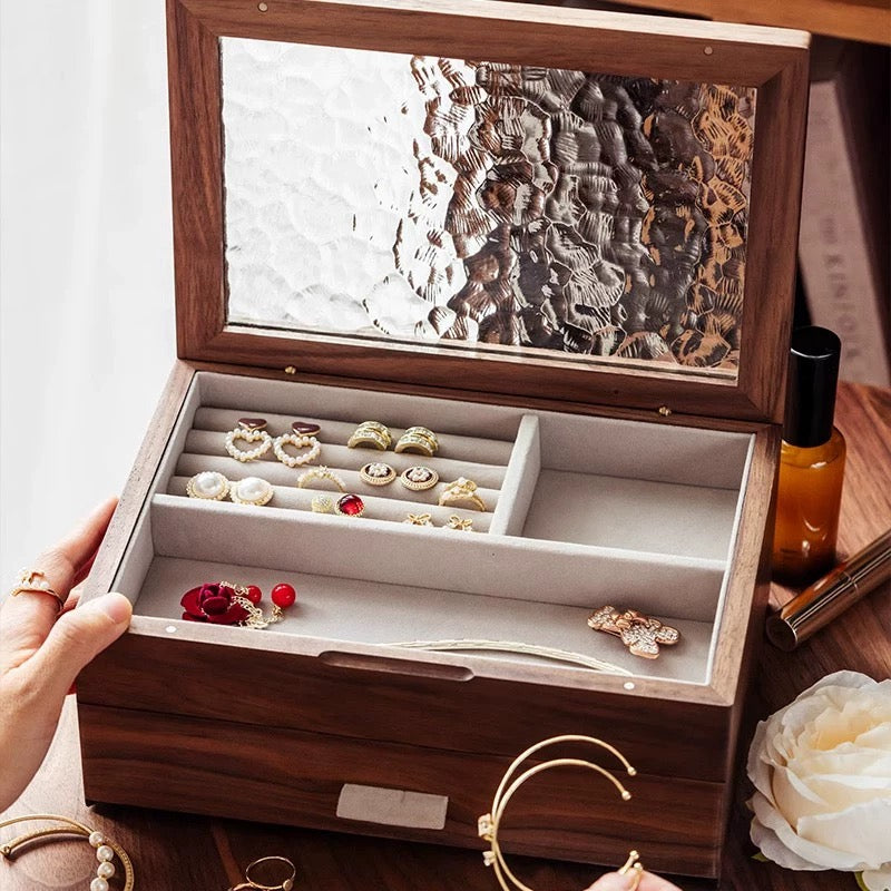 Elowen Solid Wood Jewelry Box with Textured Glass Lid