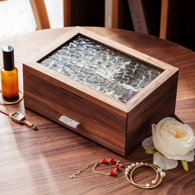 Elowen Solid Wood Jewelry Box with Textured Glass Lid