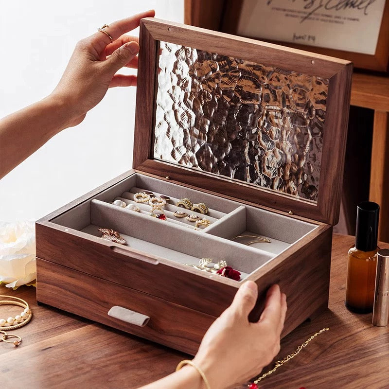 Elowen Solid Wood Jewelry Box with Textured Glass Lid