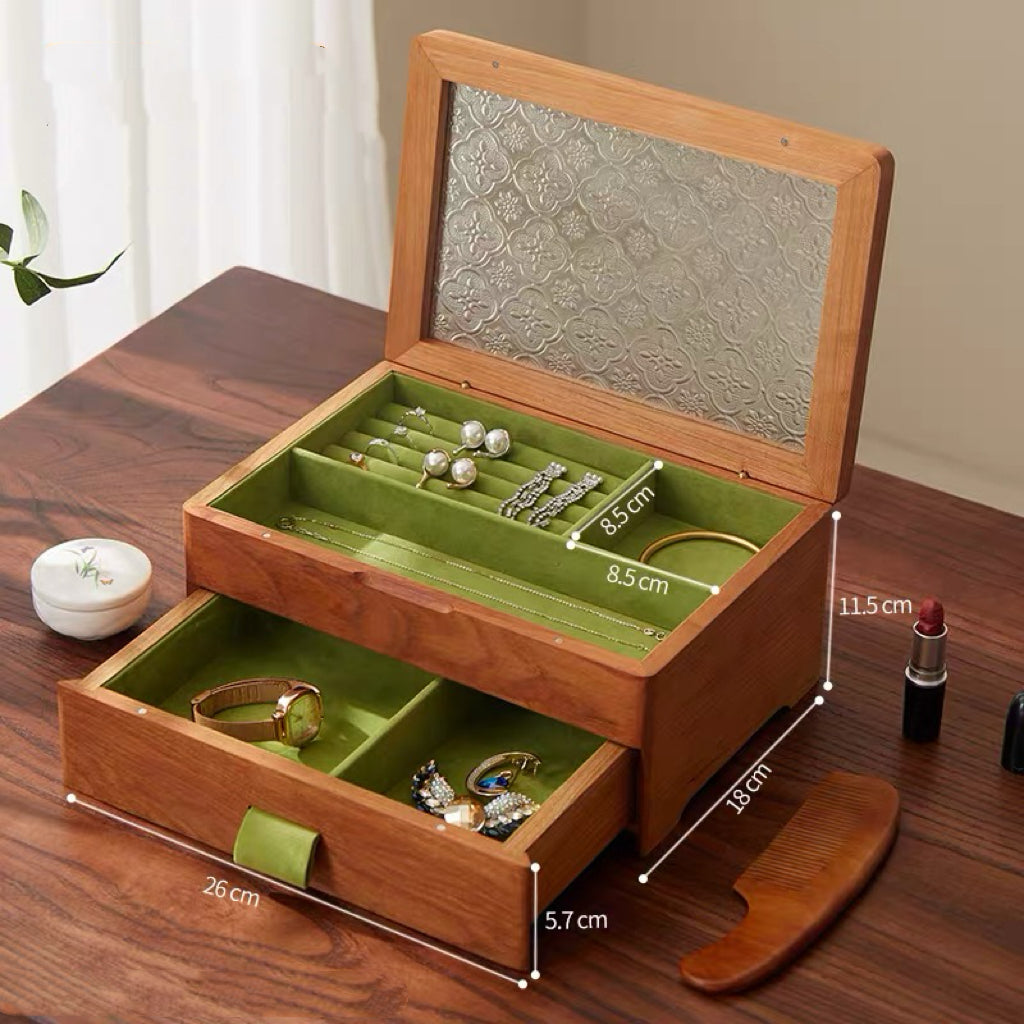 Elowen Solid Wood Jewelry Box with Textured Glass Lid