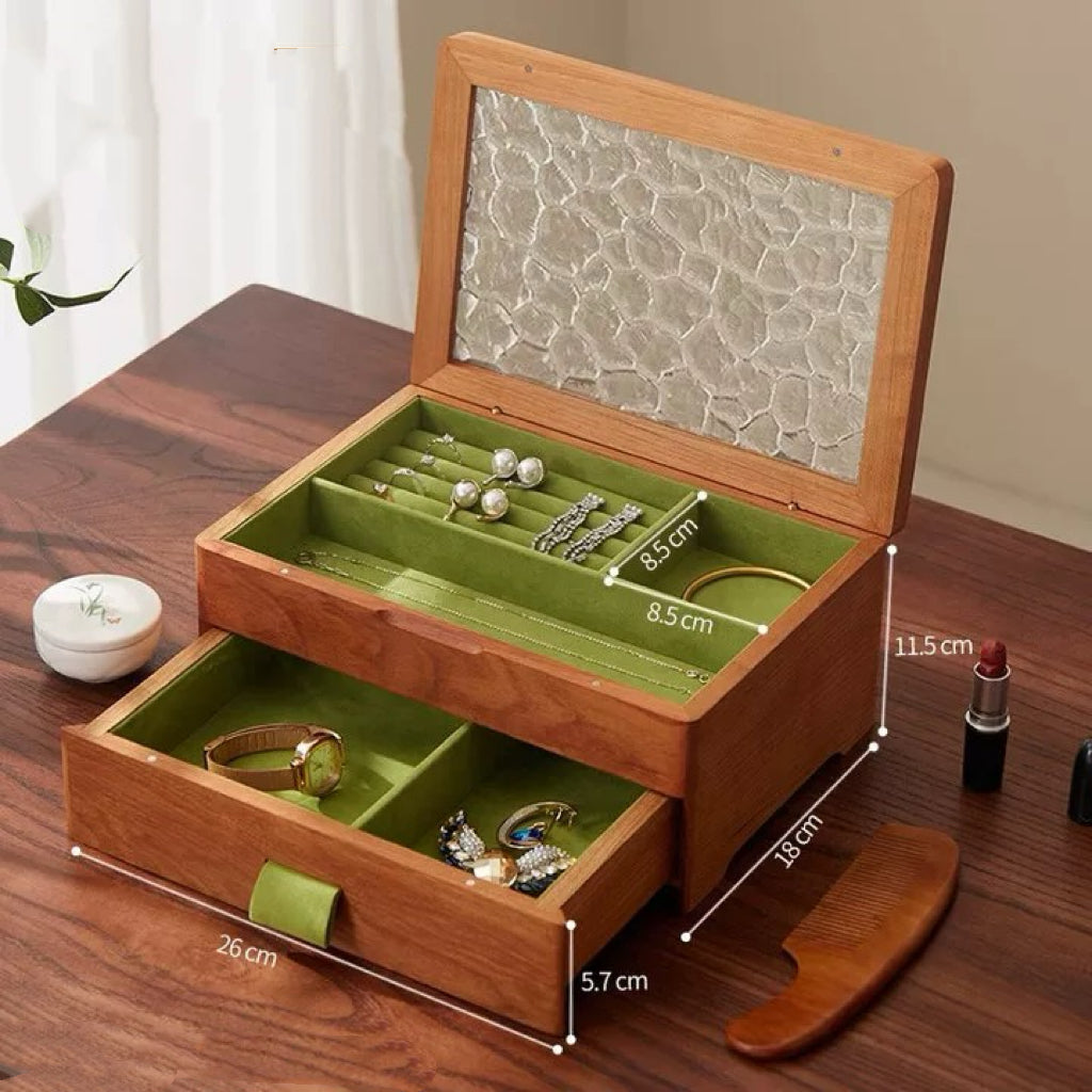 Elowen Solid Wood Jewelry Box with Textured Glass Lid
