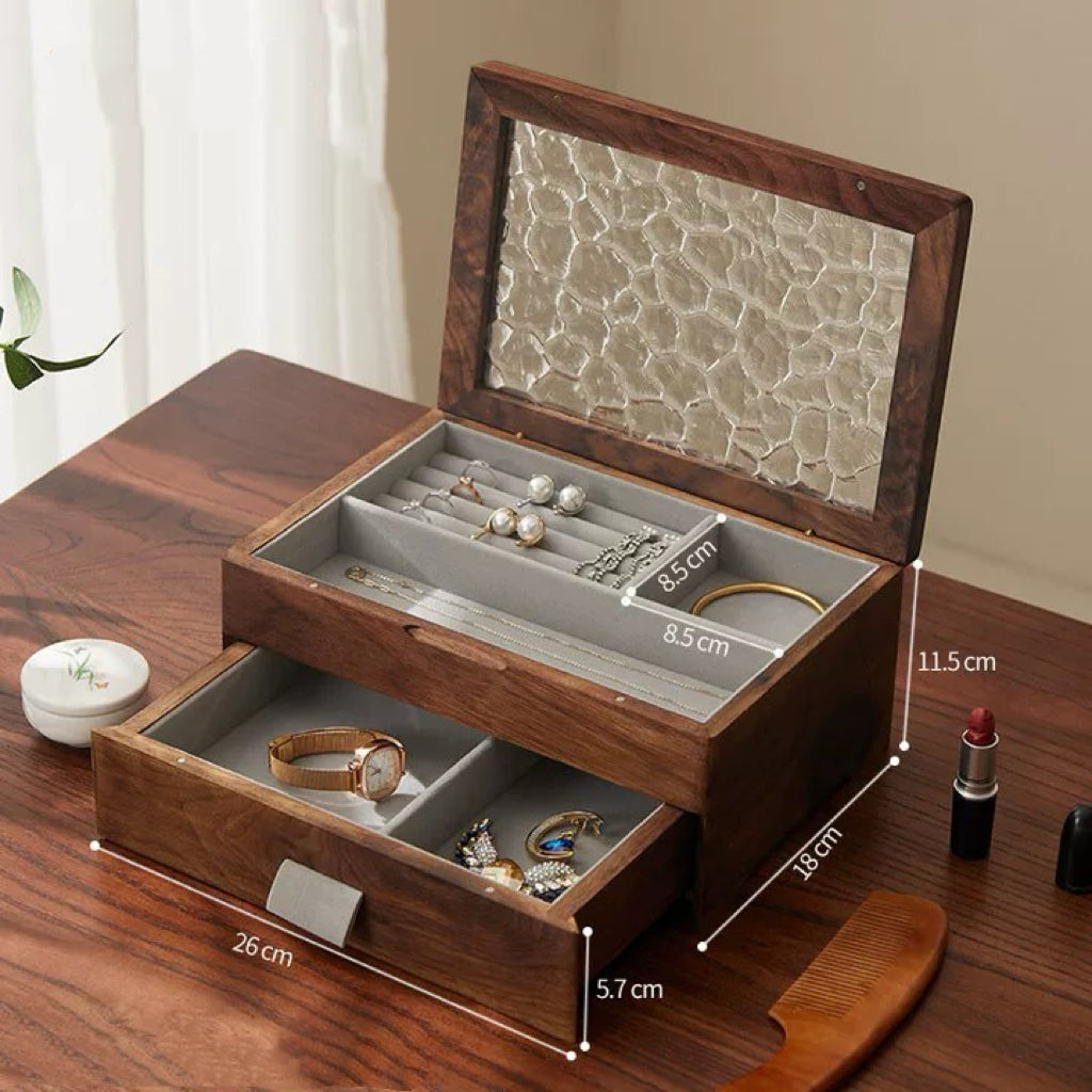 Elowen Solid Wood Jewelry Box with Textured Glass Lid