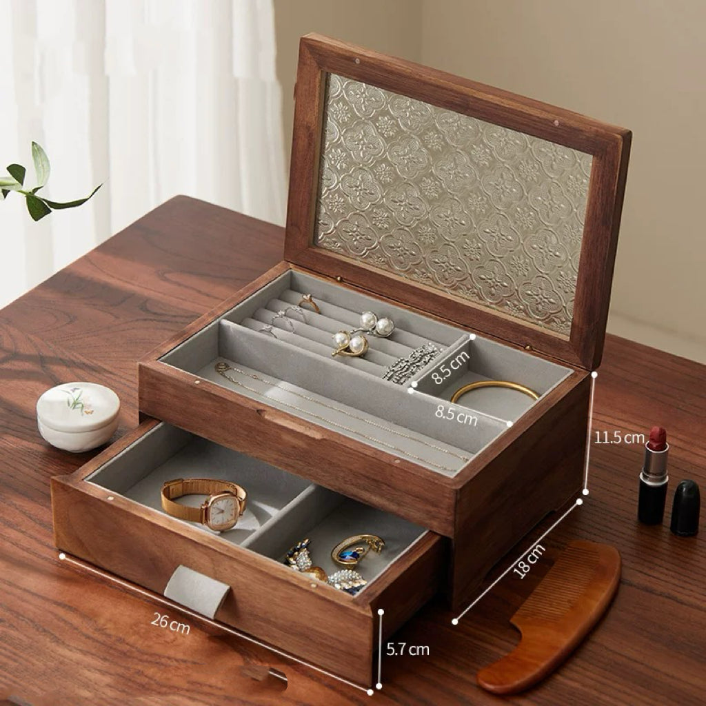 Elowen Solid Wood Jewelry Box with Textured Glass Lid