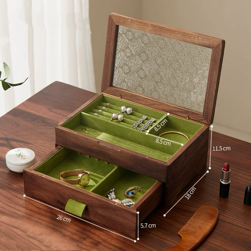 Elowen Solid Wood Jewelry Box with Textured Glass Lid