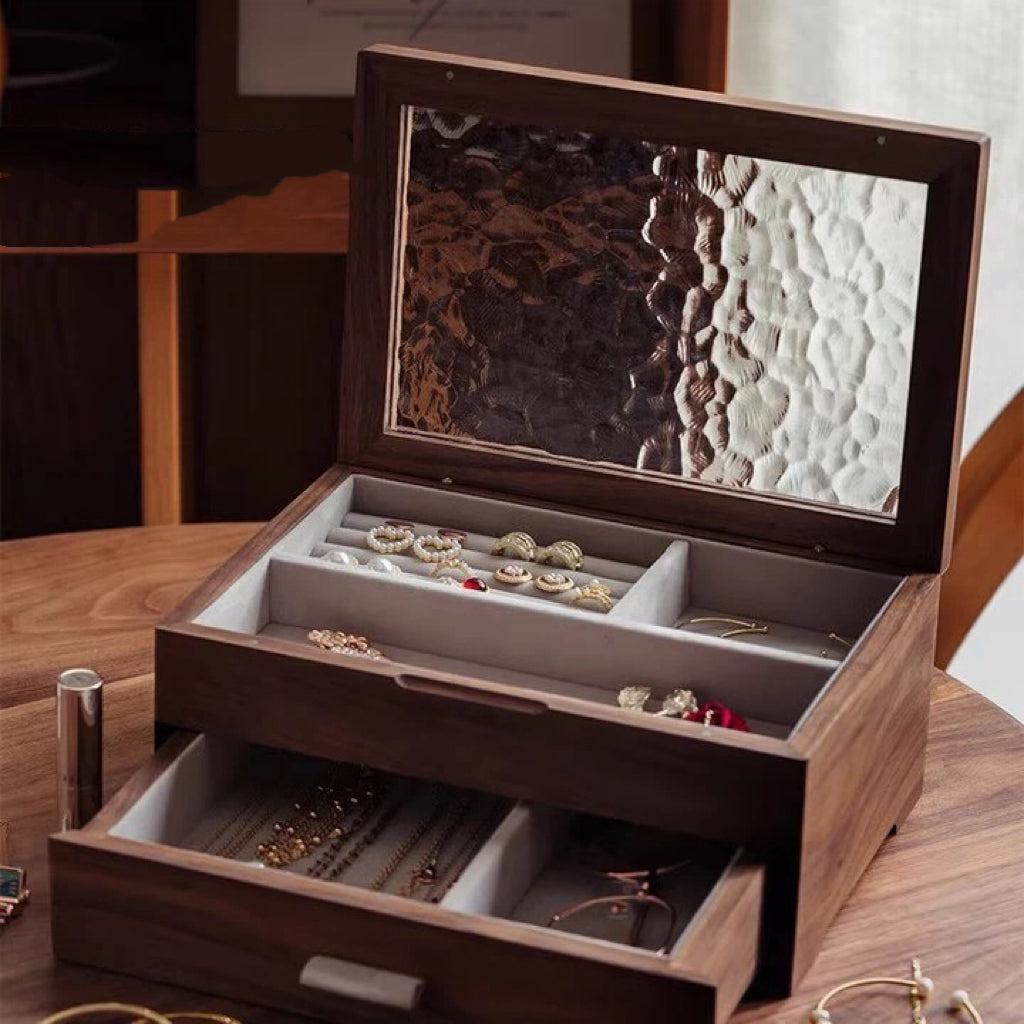 Elowen Solid Wood Jewelry Box with Textured Glass Lid