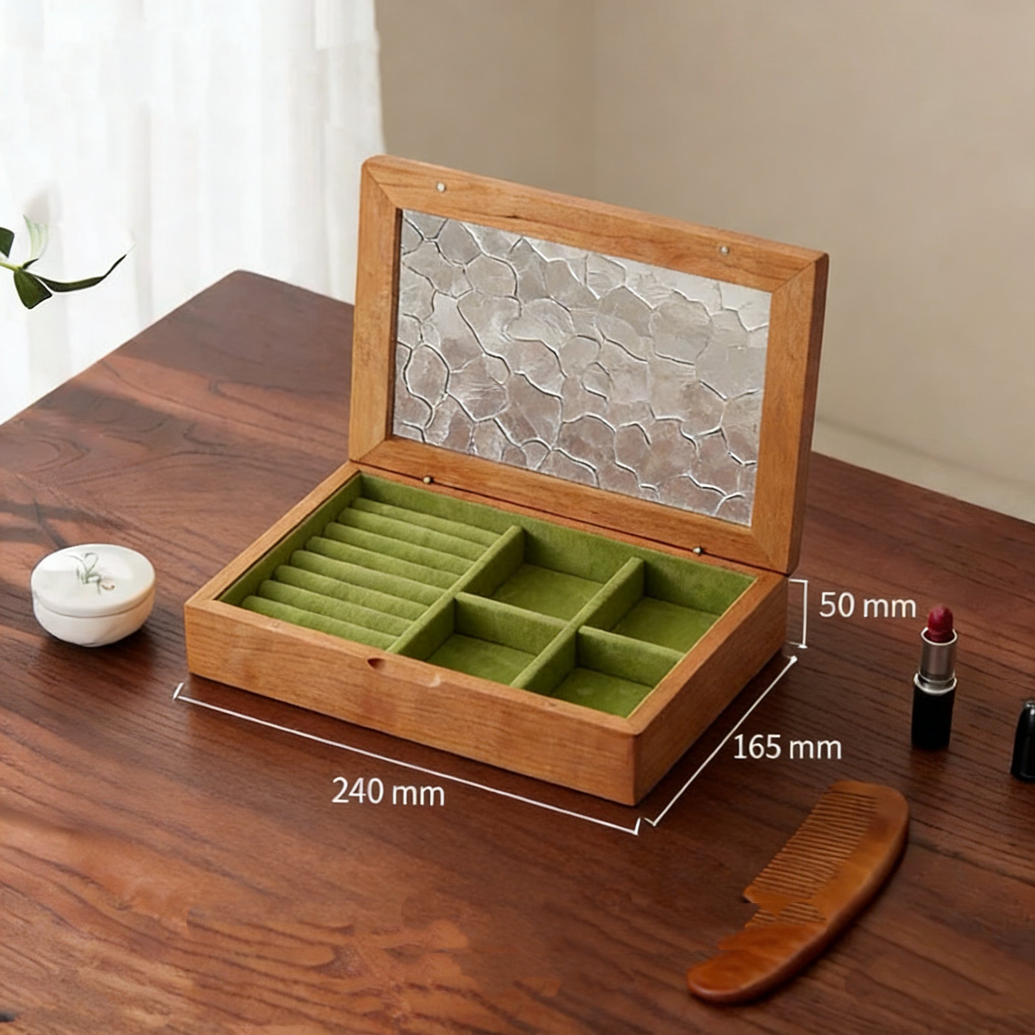 Elowen Solid Wood Jewelry Box with Textured Glass Lid