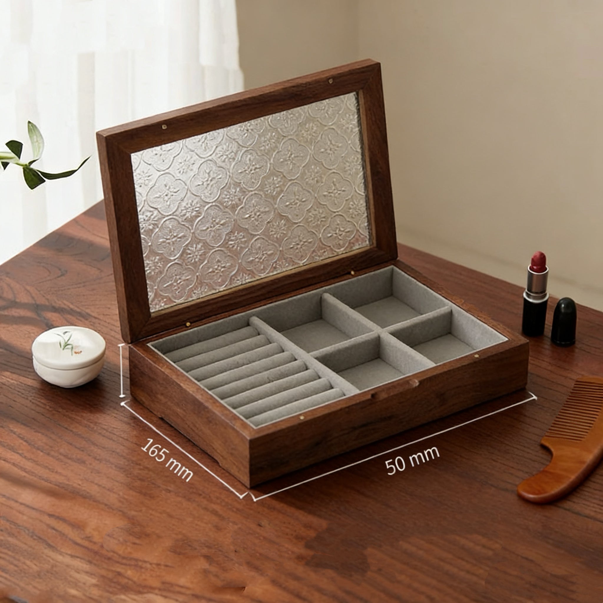 Elowen Solid Wood Jewelry Box with Textured Glass Lid