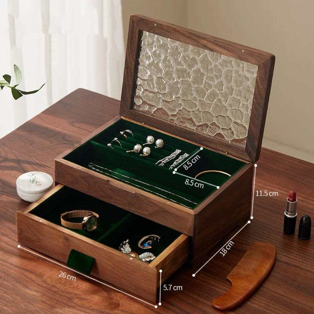 Elowen Solid Wood Jewelry Box with Textured Glass Lid