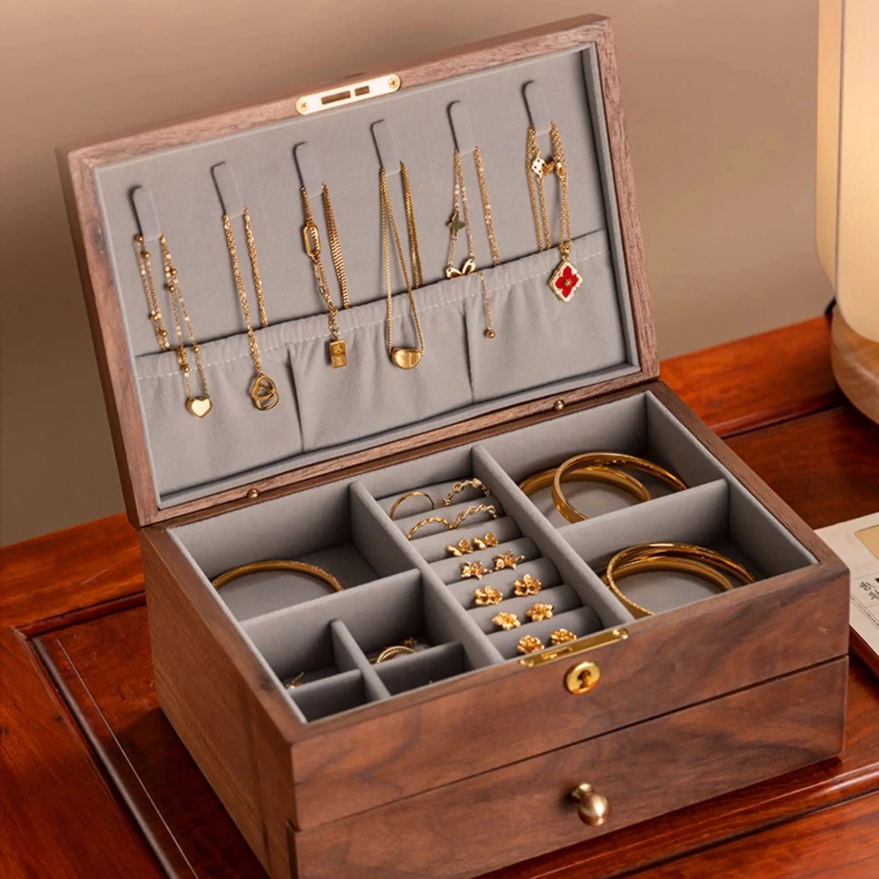 Vinebird Solid Wood Jewelry Box with Dual Drawers