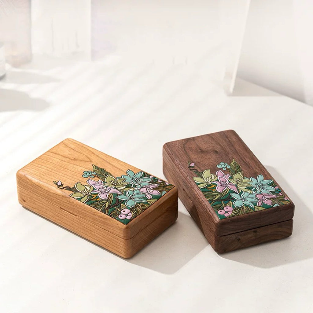Floravia Solid Wood Floral Inlay Jewelry Box
