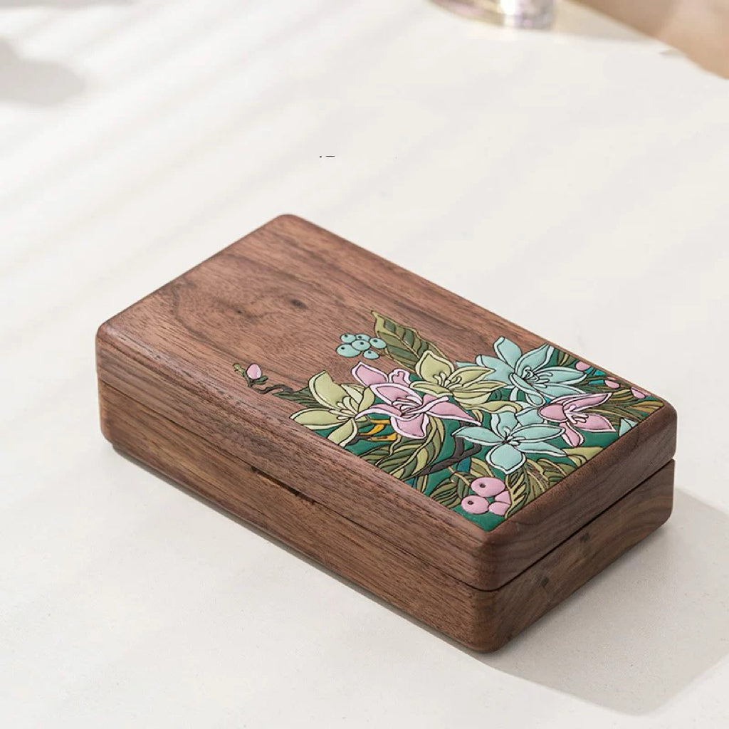 Floravia Solid Wood Floral Inlay Jewelry Box