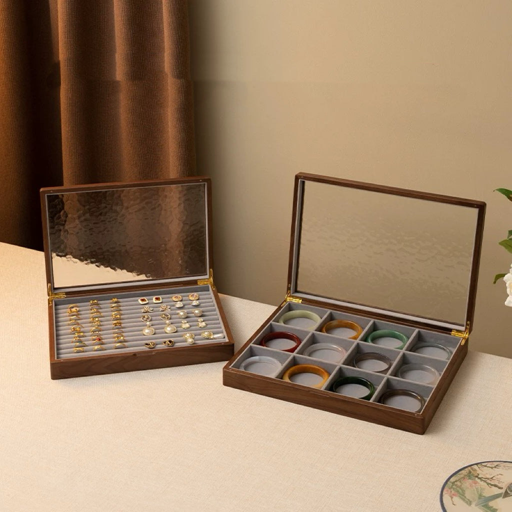Gemripple Walnut Jewelry Box with Textured Glass Lid