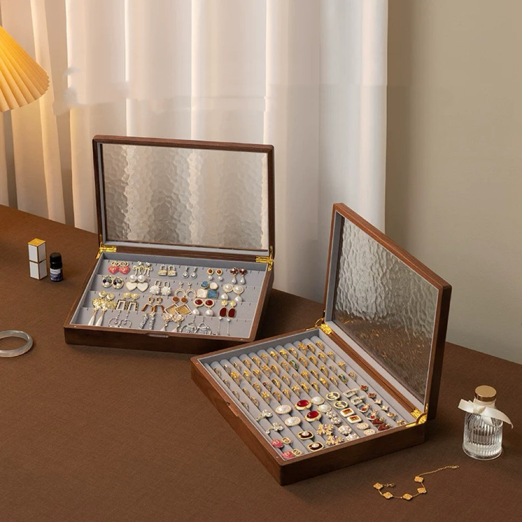 Gemripple Walnut Jewelry Box with Textured Glass Lid