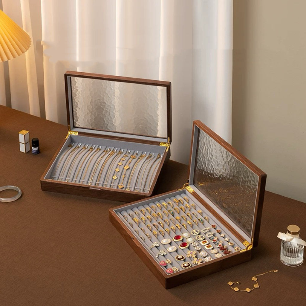 Gemripple Walnut Jewelry Box with Textured Glass Lid