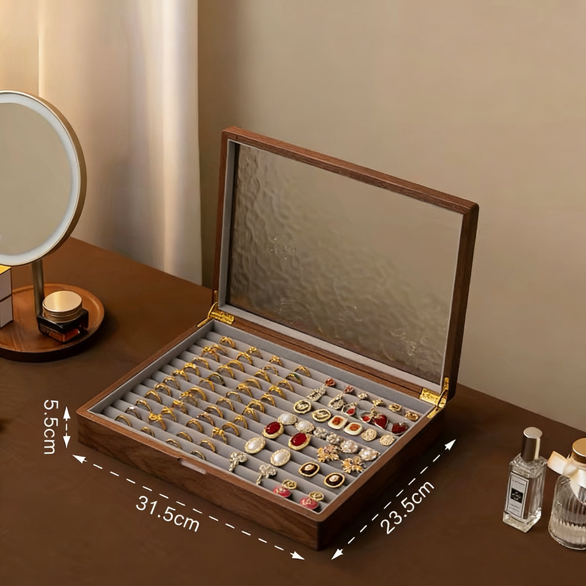 Gemripple Walnut Jewelry Box with Textured Glass Lid