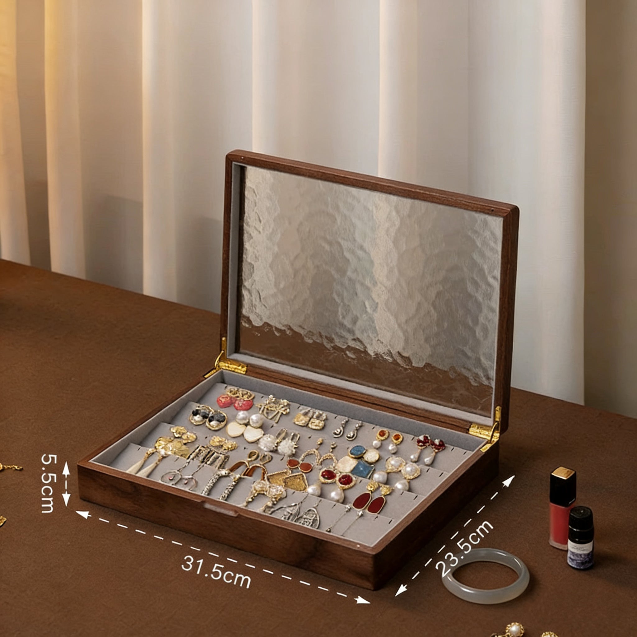 Gemripple Walnut Jewelry Box with Textured Glass Lid