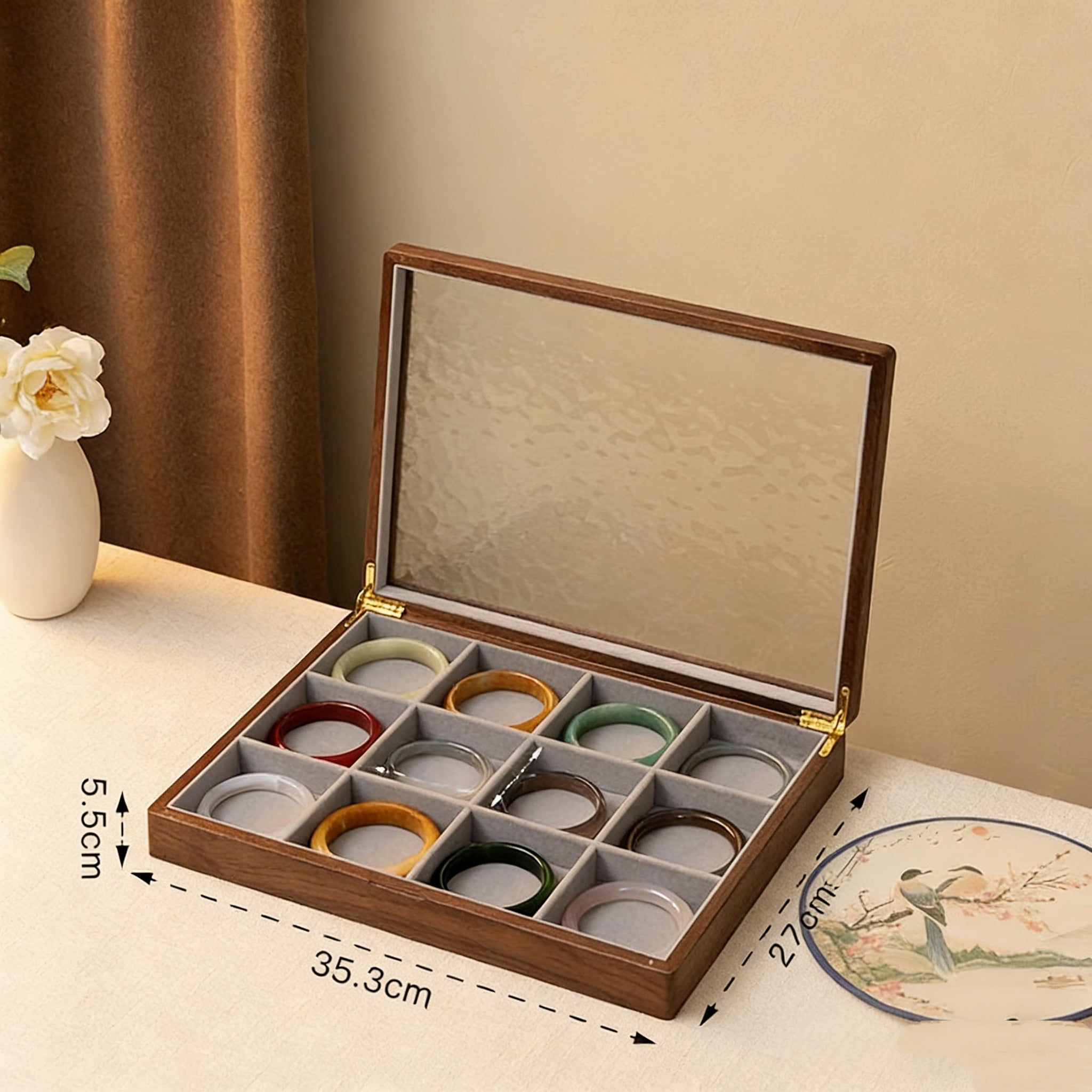 Gemripple Walnut Jewelry Box with Textured Glass Lid