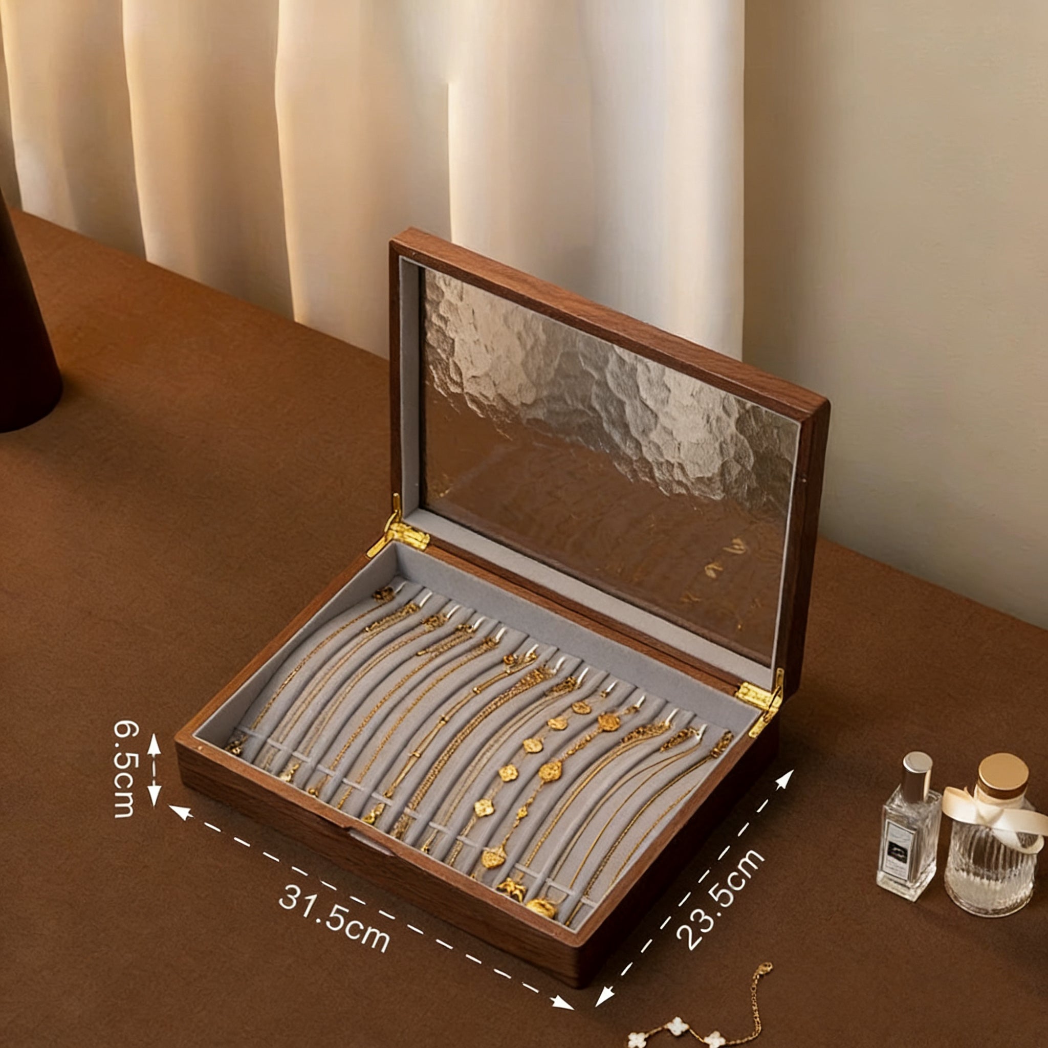 Gemripple Walnut Jewelry Box with Textured Glass Lid