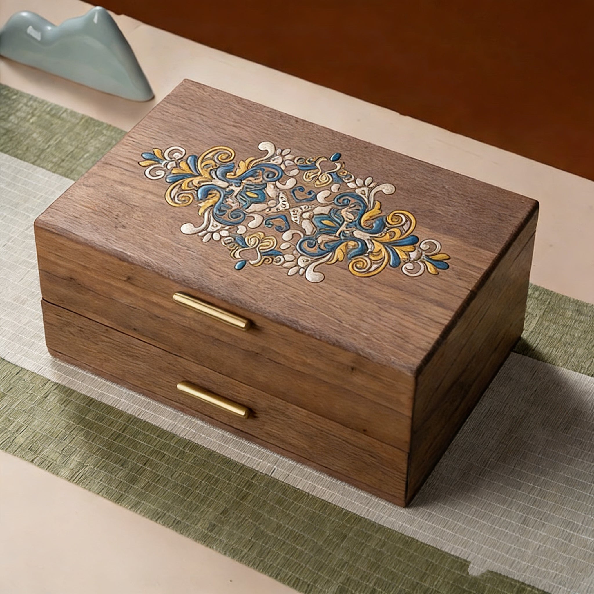 Artistic Painted Lockable Walnut Jewelry Box