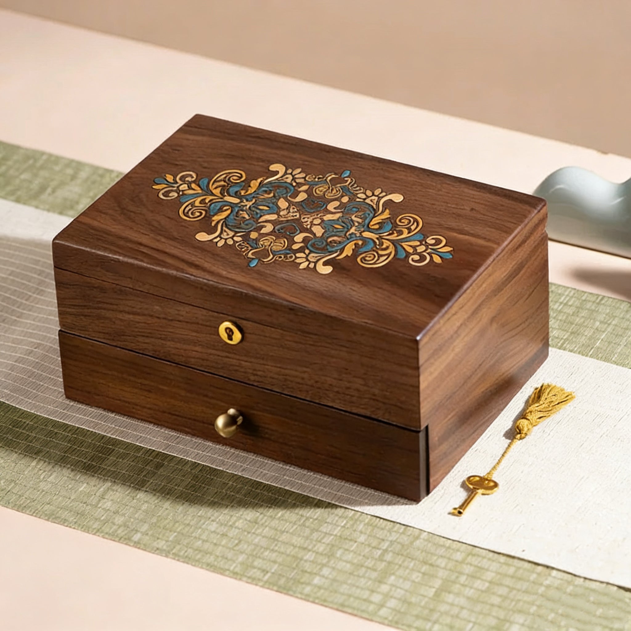 Artistic Painted Lockable Walnut Jewelry Box