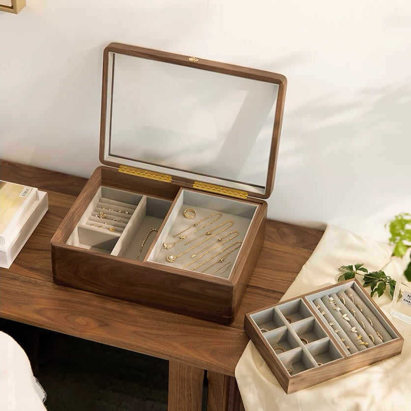 Lucent Solid Walnut Glass-Top Jewelry Box