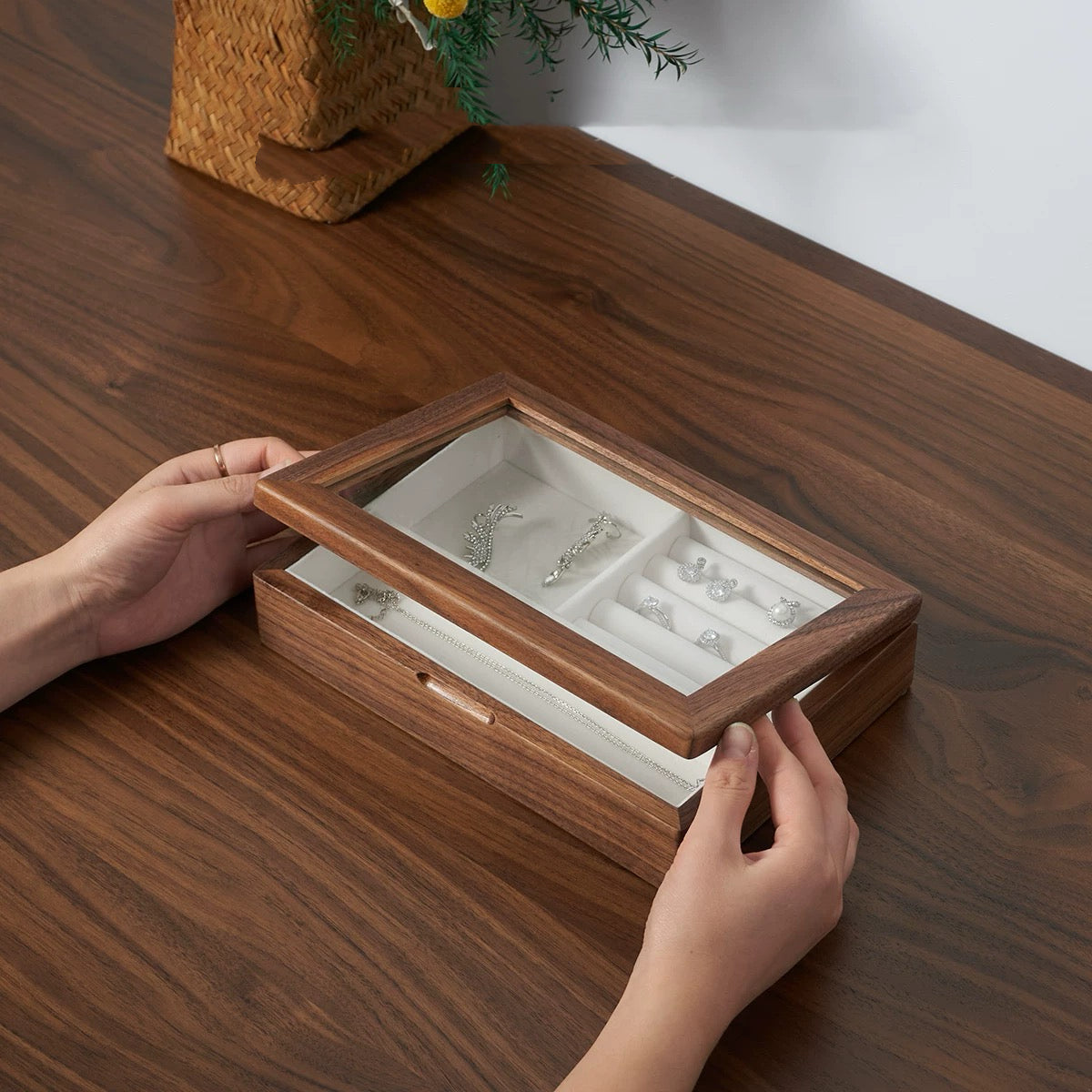 Umelle Solid Wood Jewelry Box with Glass Top