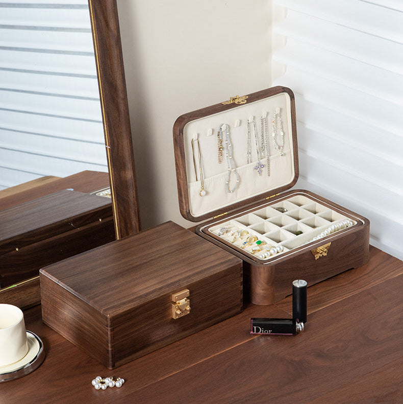 Lunaria Double-Layer Walnut Jewelry Box with Handle