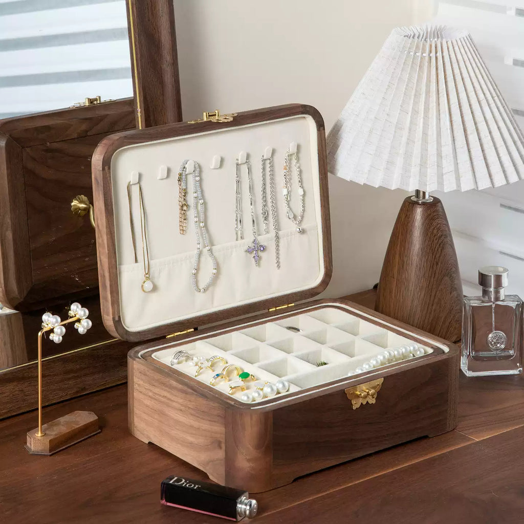 Lunaria Double-Layer Walnut Jewelry Box with Handle