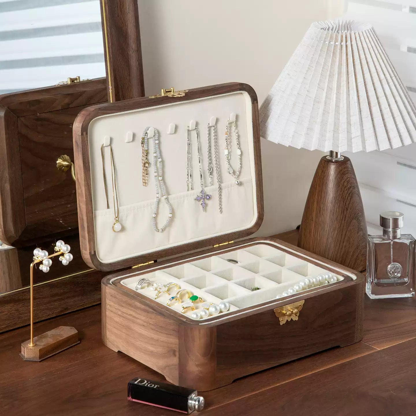 Lunaria Double-Layer Walnut Jewelry Box with Handle