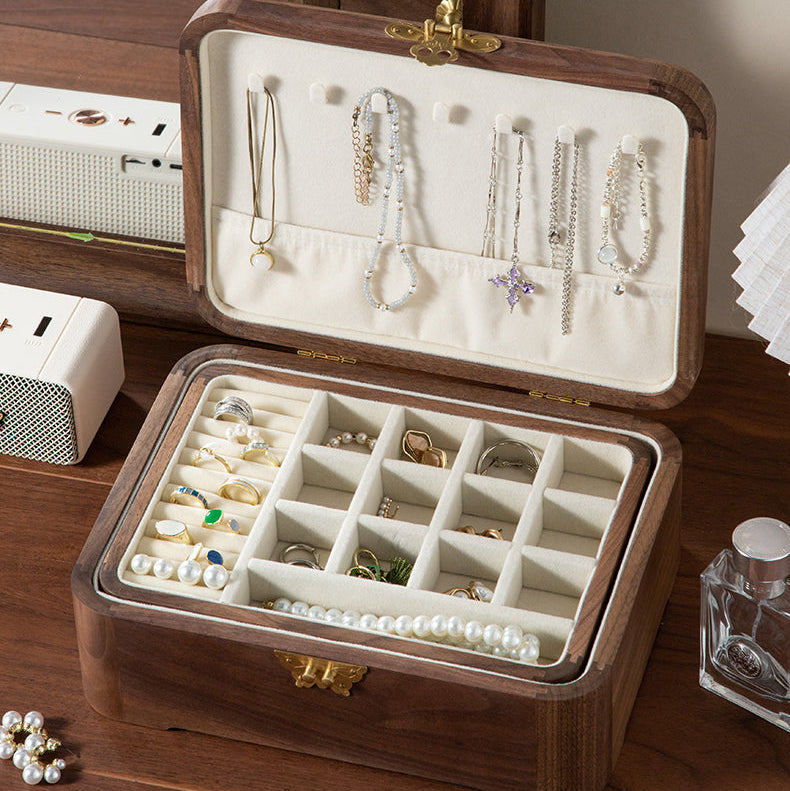 Lunaria Double-Layer Walnut Jewelry Box with Handle