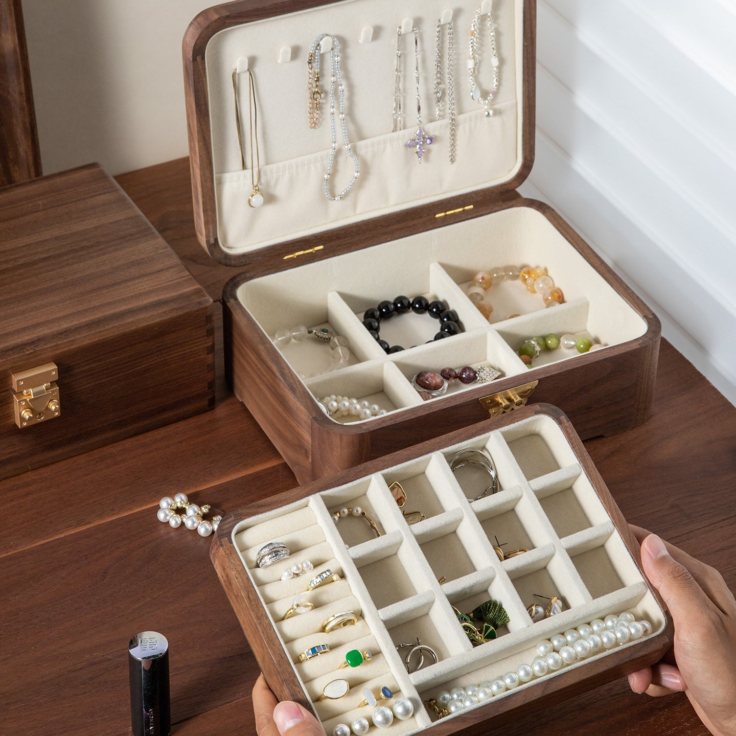 Lunaria Double-Layer Walnut Jewelry Box with Handle