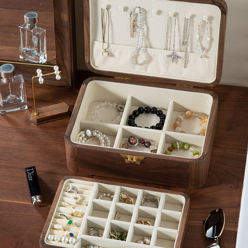 Lunaria Double-Layer Walnut Jewelry Box with Handle