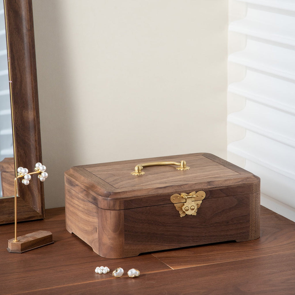 Lunaria Double-Layer Walnut Jewelry Box with Handle