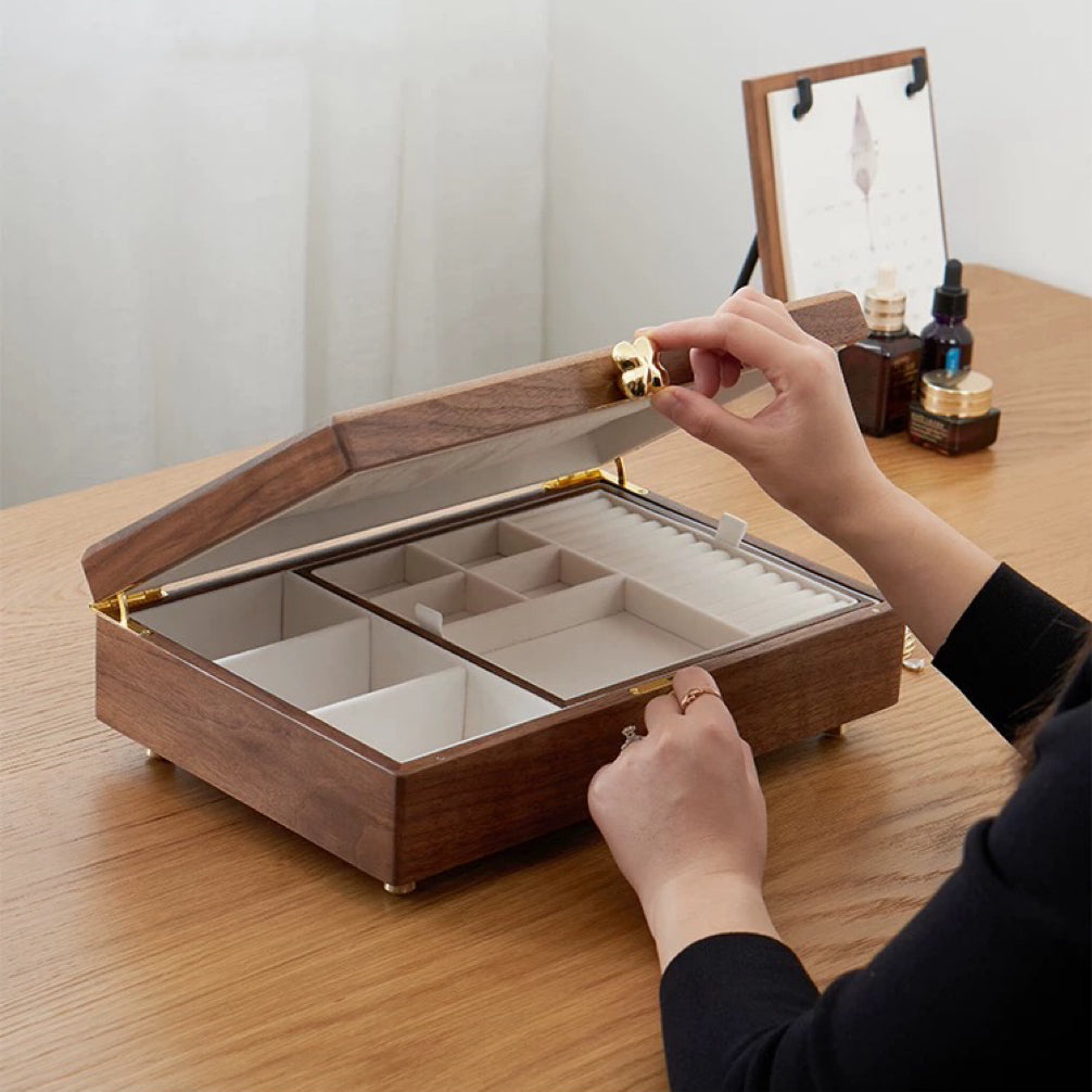 Aurelin Solid Walnut Double-Layer Jewelry Box