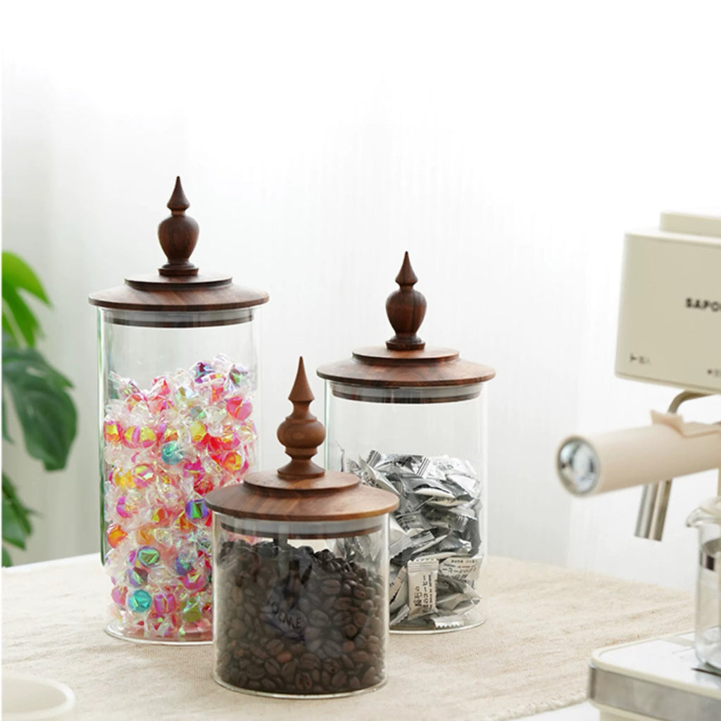 Medieval Retro Style Glass Canister with Walnut Lid