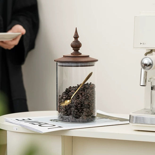 Medieval Retro Style Glass Canister with Walnut Lid