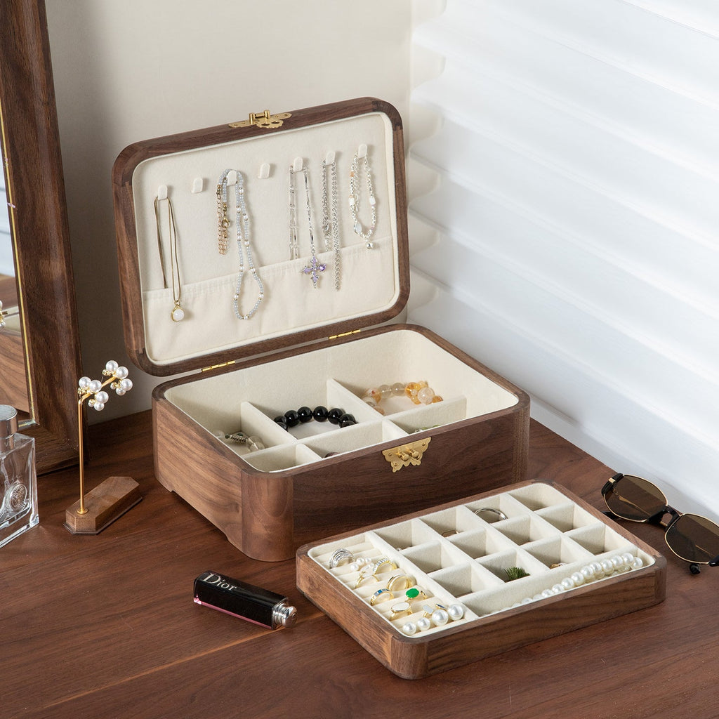 Lunaria Double-Layer Walnut Jewelry Box with Handle