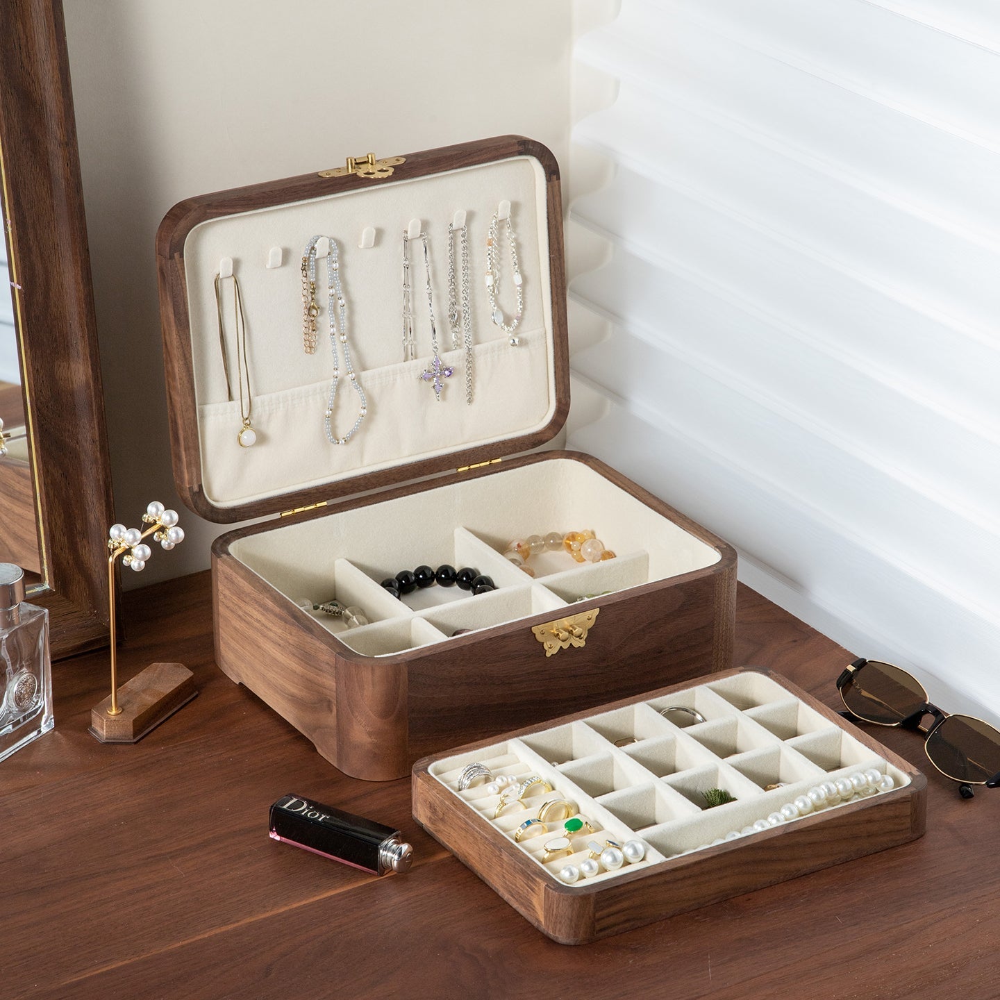 Lunaria Double-Layer Walnut Jewelry Box with Handle
