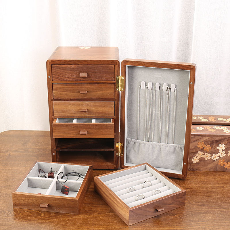 Floral Walnut Multi-Drawer Jewelry Organizer