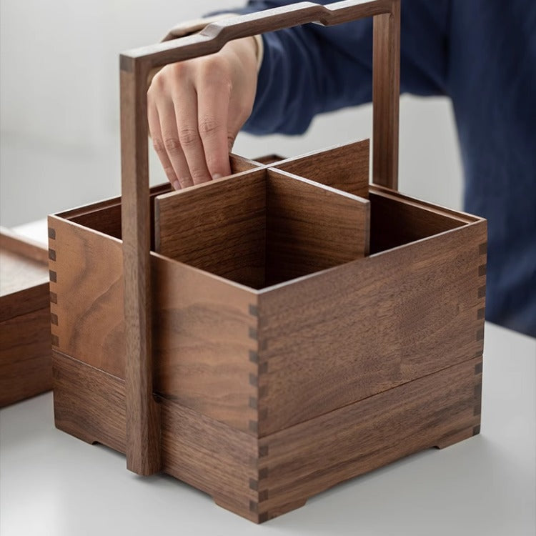 Modu Black Walnut Multi-layer Tea Set Storage Box with Handle