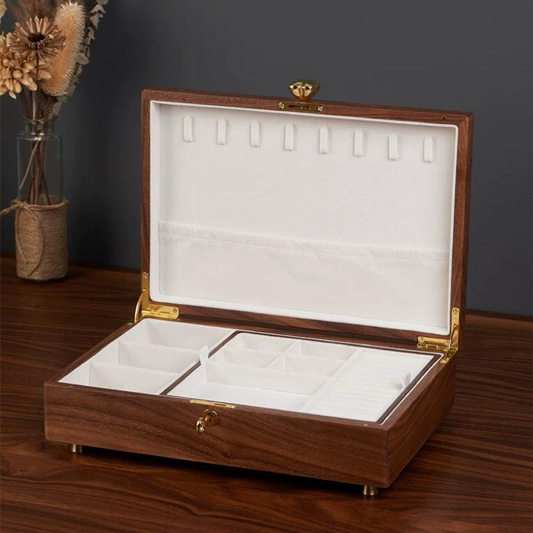 Aurelin Solid Walnut Double-Layer Jewelry Box