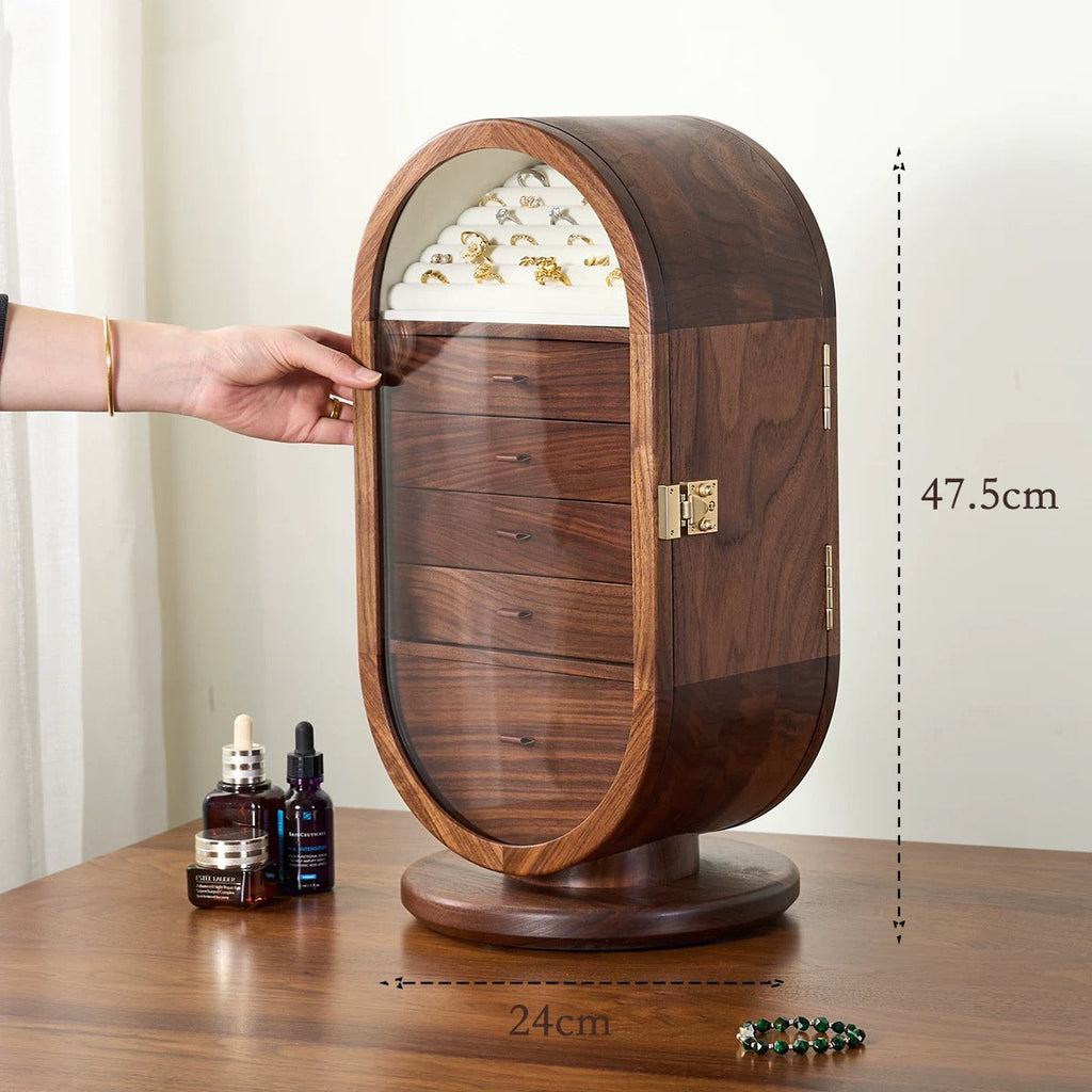 Solenne 360° Rotating Walnut Jewelry Cabinet with Vanity Mirror