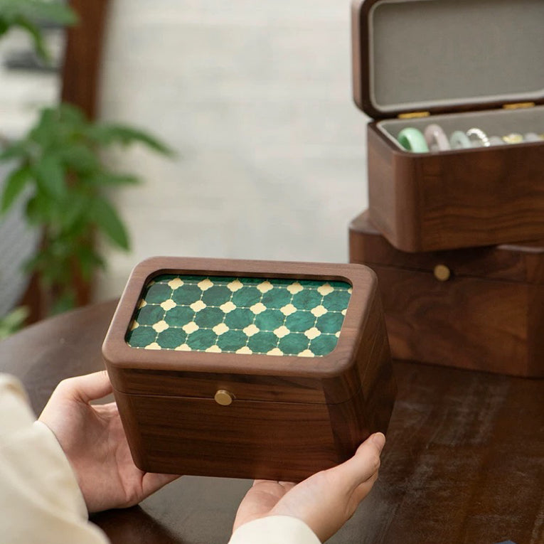 Heirloom Retro Walnut Bangles Box with Patterned Glass