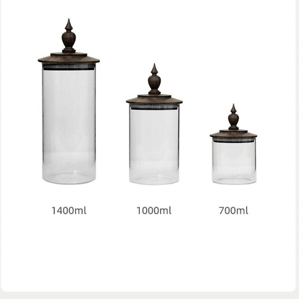 Medieval Retro Style Glass Canister with Walnut Lid